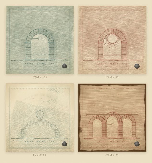 Four sketches labeled 'FOLIO 131', 'FOLIO 19', 'FOLIO 60', and 'FOLIO 79' depict architectural arches with suns, each containing the text 'ARCUS PRIMA LUX' and a small dark sphere.