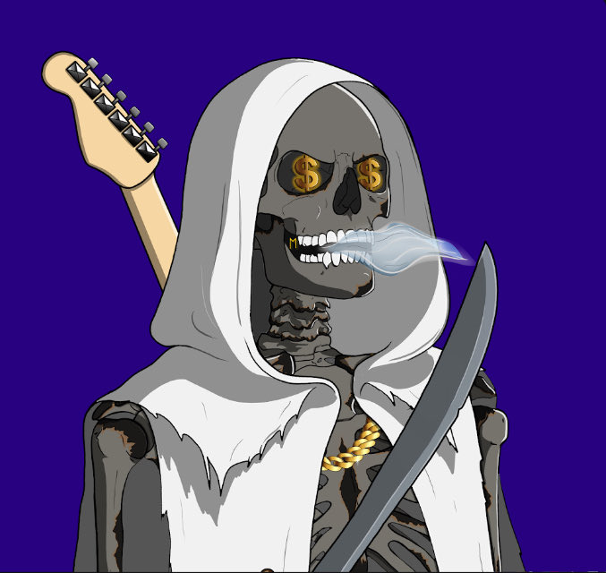 A digital illustration of a grim reaper skeleton with gold dollar sign coins for eyes, wearing a tattered white hooded robe, holding a guitar behind its back and a scythe, with smoke exhuding from its teeth on a purple background.