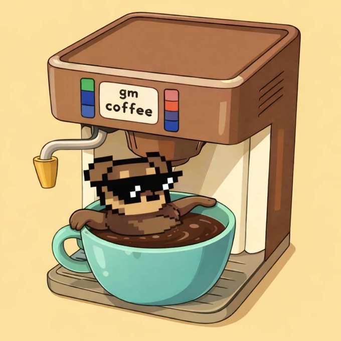 A cartoon bear wearing sunglasses is sitting inside a coffee cup that has "gm coffee" written on it. The bear appears to be enjoying its time in the cup of coffee, which is placed on top of a coffee maker or a coffee machine.