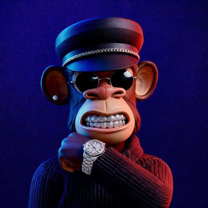 A 3D rendering of a stylized monkey character wearing a hat with a chain, round sunglasses, an earring, a red turtleneck, and displaying diamond-encrusted teeth and a large diamond watch.