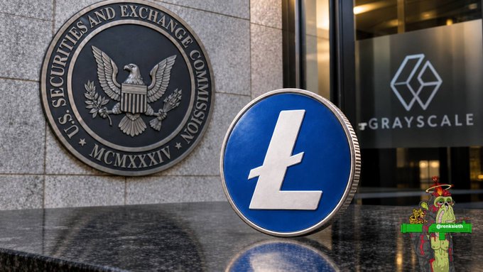 A composite image shows the U.S. Securities and Exchange Commission seal, a Litecoin (L) coin, and the Grayscale logo, with a small cartoon figure in the corner.