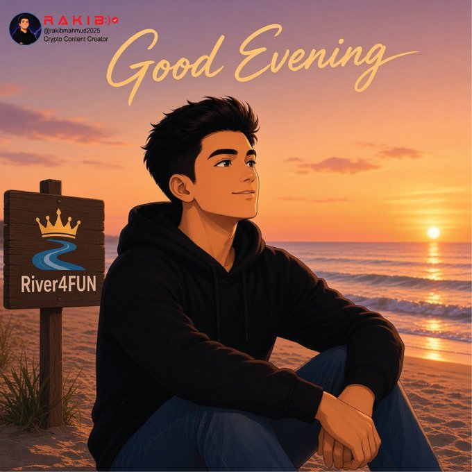 An anime-style digital illustration of a young man in a black hoodie sitting on a beach at sunset, with text 'Good Evening', a logo for 'River4FUN', and a profile tag for 'RAKIB' / '@rakibmahmud2025' / 'Crypto Content Creator'.