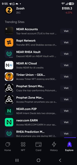 A Zcash (ZEC) wallet mobile app showing a balance of $1555.3 (-0.37%) with trending sites including NEAR Accounts, Rapt Network, NEAR RHEA Vault, and Tinker Union.