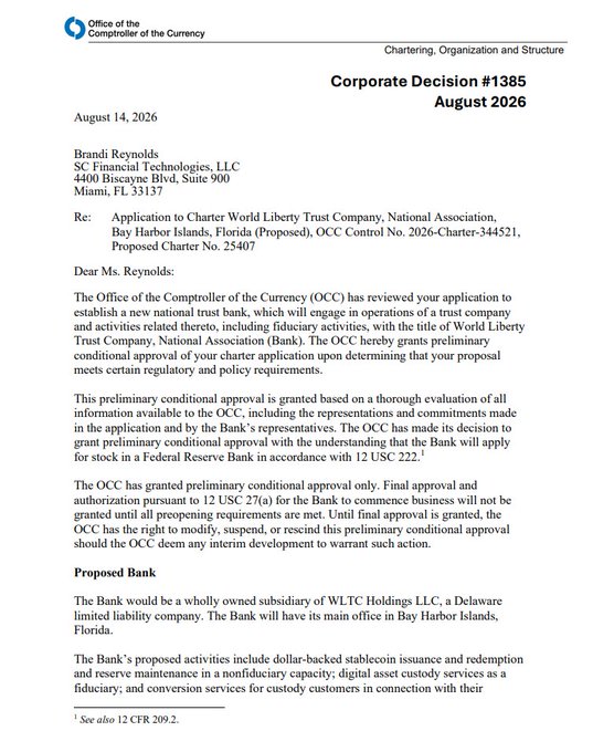 The image shows an official letter from the Office of the Comptroller of the Currency (OCC), dated August 14, 2026, addressed to Brandi Reynolds of SC Financial Technologies, LLC regarding Corporate Decision #1385 for Bay Harbor Islands, Florida. The letter grants preliminary conditional approval to World Liberty Trust Company to establish a new national trust bank, as referenced in the post about @worldlibertyfi receiving conditional OCC approval to enter the U.S. federal banking system.