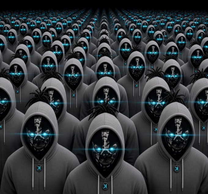 An infinite array of identical hooded figures with glowing blue eyes and mask-like faces stretches into the distance, each wearing a medallion with an 'X' symbol.