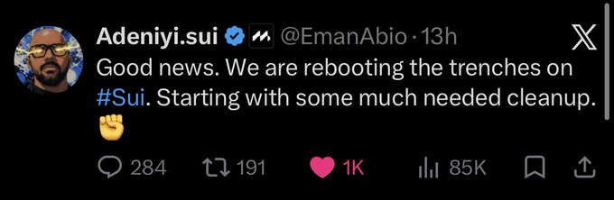 A tweet from Adeniyi.sui (@EmanAbio) posted 13 hours ago reads, "Good news. We are rebooting the trenches on #Sui. Starting with some much needed cleanup. ✊" The post has garnered 284 replies, 191 retweets, 1K likes, and 85K views, suggesting the founder's announcement of a Sui ecosystem cleanup prompted the poster to stock up on meme coins like $SUIDOG, $SUICA, $SUICAT, and $SUIFROG ahead of potential developments.