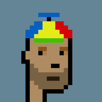 A pixel art portrait of a bearded man wearing a colorful propeller hat with red, yellow, green, and blue segments.