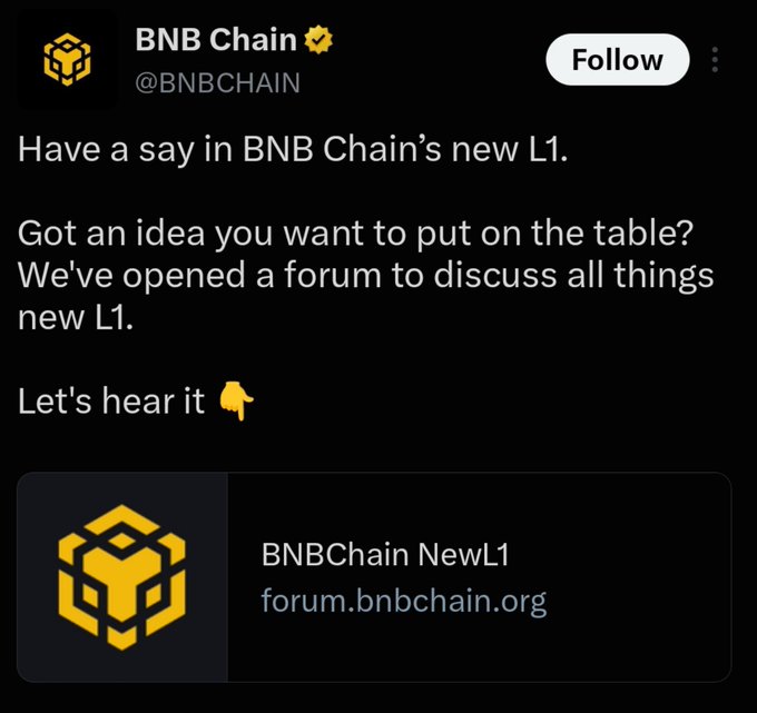 BNB Chain (@BNBCHAIN) invites users to share ideas for its new L1 through the BNBChain NewL1 forum at forum.bnbchain.org. The announcement supports the accompanying post’s focus on watching which early trend or narrative emerges first.