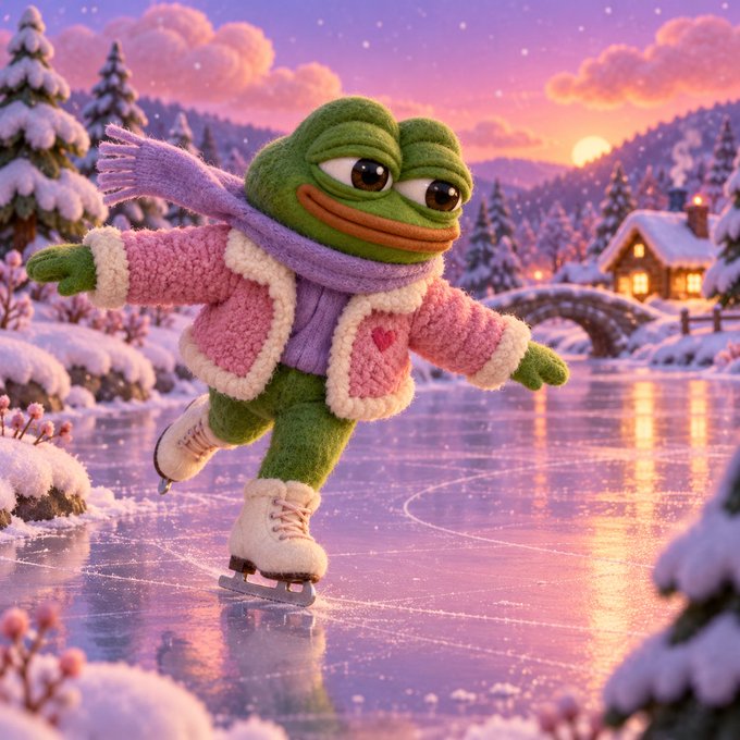 A 3D-rendered Pepe the Frog character wearing a pink coat, purple scarf, and white ice skates glides across an icy pond in a snowy, picturesque landscape.