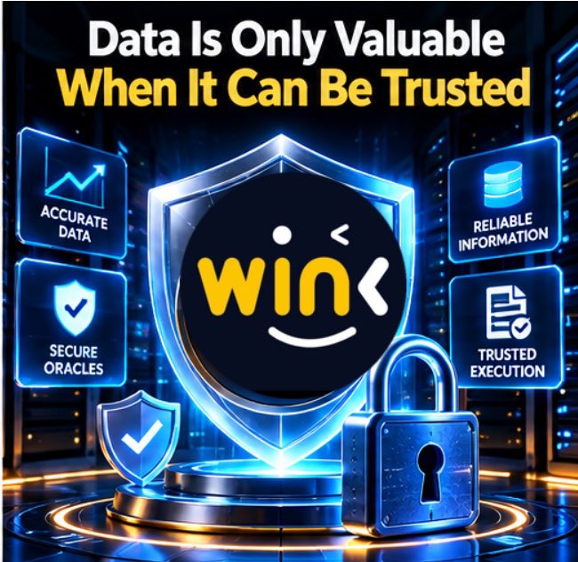 A promotional graphic titled 'Data Is Only Valuable When It Can Be Trusted' featuring the WINkLink logo with surrounding icons for Accurate Data, Reliable Information, Secure Oracles, and Trusted Execution.