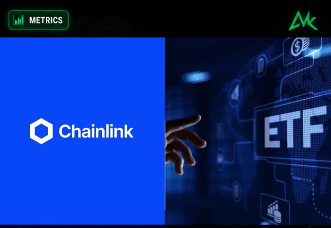 Cryptocurrency graphic showing the Chainlink logo on a blue background next to an ETF illustration with a 'METRICS' label and 'DK' logo.