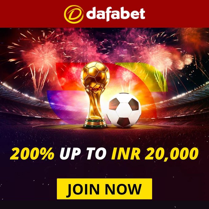 The image is a Dafabet promotional advertisement featuring a golden World Cup trophy and soccer ball against a stadium backdrop with fireworks, displaying the offer "200% UP TO INR 20,000" and a "JOIN NOW" button. It visually reinforces the post's message about World Cup bonuses, though the ad shows INR 20,000 while the post mentions IDR currency, indicating region-specific versions of the same Dafabet World Cup promotion.