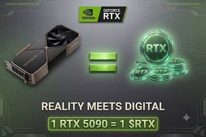 An NVIDIA GeForce RTX promotional image featuring a graphics card and glowing RTX coins, with the tagline "REALITY MEETS DIGITAL" and the conversion rate "1 RTX 5090 = 1 $RTX."