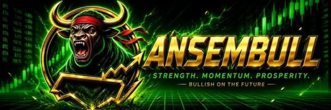 The image is a banner for the Solana token $ANSEMBULL, featuring a fierce roaring bull with a red headband and a rising chart arrow, set against a green stock-market backdrop. Bold text reads "ANSEMBULL" with the tagline "STRENGTH. MOMENTUM. PROSPERITY." and "BULLISH ON THE FUTURE," fitting the post's announcement of a community-added banner for the token on Moby.