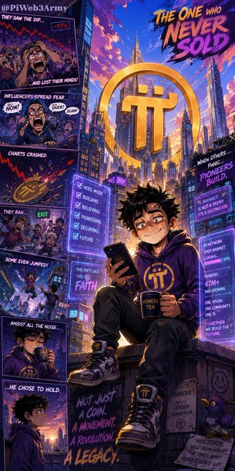 A comic-style illustration titled 'THE ONE WHO NEVER SOLD' depicts a young person in a purple Pi hoodie holding a phone and coffee, surrounded by panels about market chaos, influencer fear, charts crashing, and holding through to a 'FORTUNE.'