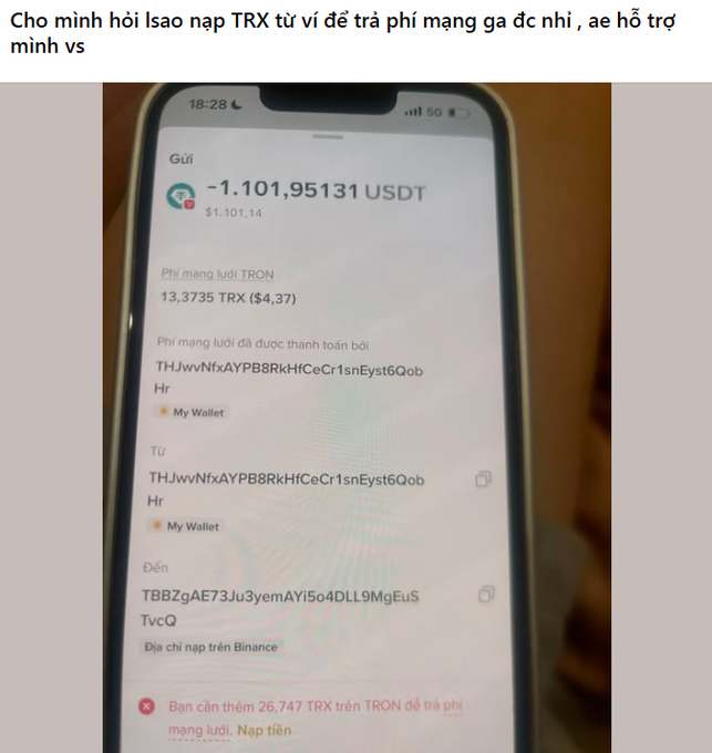 A phone screenshot shows a Tron wallet transaction sending -1,101.95131 USDT with network fees of 13.3735 TRX ($4.37), including a Vietnamese caption asking for TRX top-up help.
