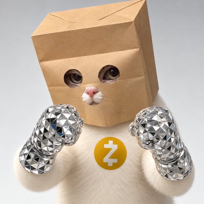 A white cat wearing a brown paper bag over its head (with eye holes cut out) and silver crystal boxing gloves, with a Zcash (Z) logo on its chest.