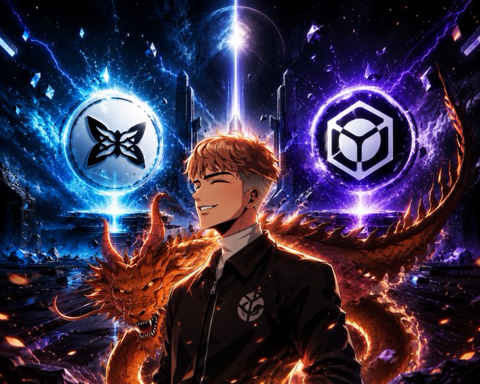 An anime-style illustration of a young man with orange hair flanked by a fiery dragon and floating glowing symbols including a butterfly emblem and a hexagonal logo.