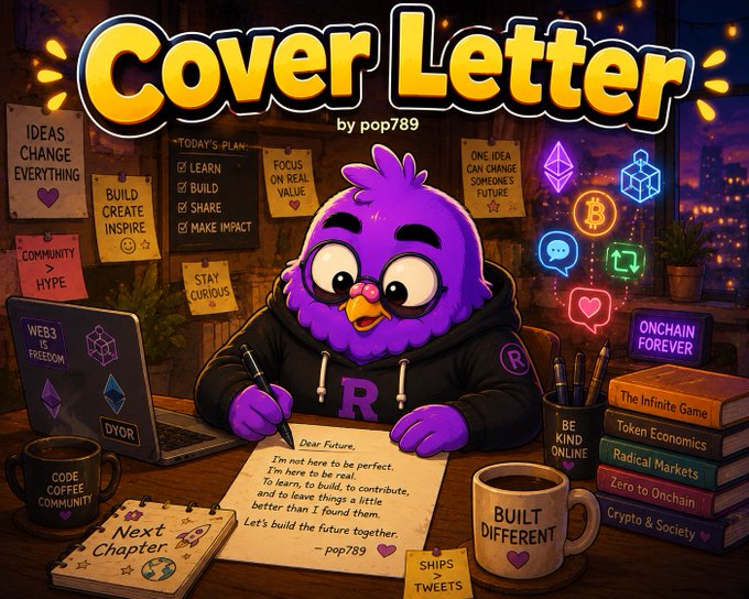 An illustration titled 'Cover Letter by pop789' showing a purple bird character in a hoodie writing a letter to the 'Future,' surrounded by crypto/web3 themed items like books and neon signs.