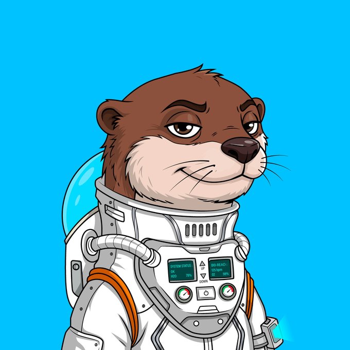 A cartoon illustration of an otter wearing a futuristic white spacesuit with control panels displaying 'SYSTEM STATUS OK 78%' and 'BIO-HEAD 98%' against a bright blue background.