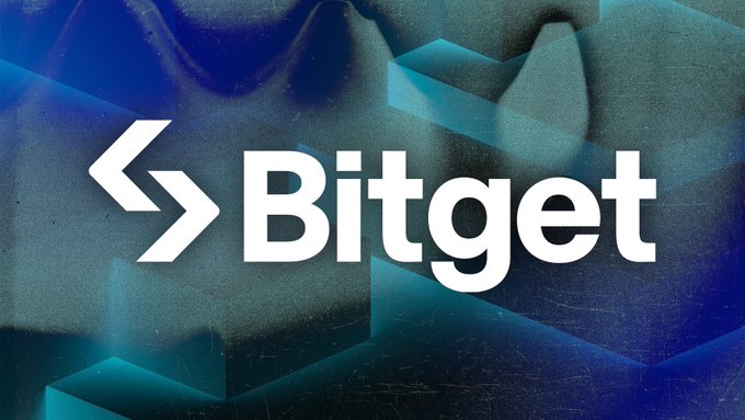 The Bitget cryptocurrency exchange logo is displayed in white text with an angular icon against a dark blue and teal textured background.