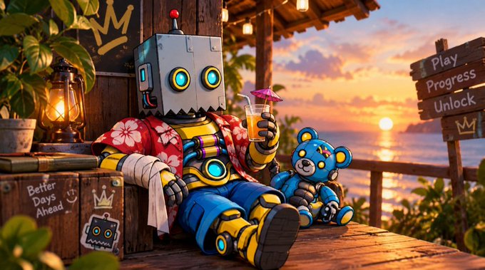 A digital illustration shows a boxy robot wearing a red Hawaiian shirt and blue shorts, holding a drink next to a blue teddy bear at sunset, with signs reading 'Play Progress Unlock' and 'Better Days Ahead'.