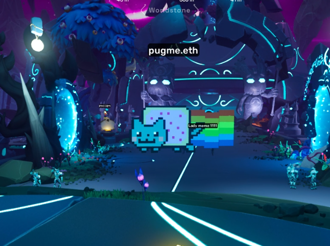 Two pixel art avatars, a blue cat and a rainbow block character, stand in a magical purple forest setting with usernames 'pugme.eth' and 'Lady meme 1111' displayed above.