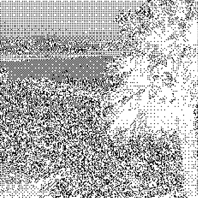 A high-contrast black and white stippled/dithered image showing what appears to be an abstract or pixelated landscape scene.