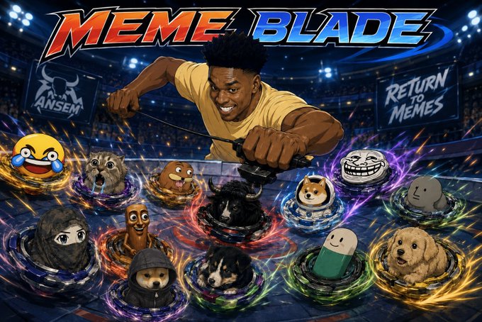 A stylized "Meme Blade" graphic shows a muscular warrior wielding a sword amid swirling portals of classic internet memes (laughing emoji, doge, troll face, popcorn, shiba, cheeseburger baby, and hooded figures), with "ANSEM" and "RETURN TO MEMES" banners flanking him—tying directly to the post's rallying cry for the $ANSEM token's meme comeback.
