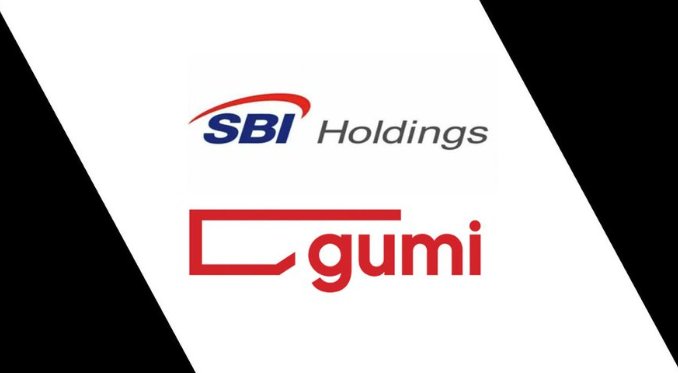 A logo graphic displays the SBI Holdings logo positioned above a red gumi logo on a white background with black accents.