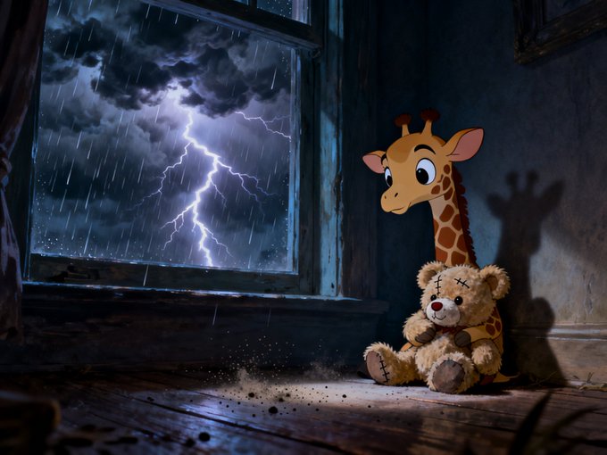 A digital illustration of a small giraffe plush toy sitting on a wooden floor hugging a teddy bear, looking out a window at a dramatic stormy night with lightning strikes.