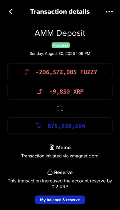 A screenshot of a successful 'AMM Deposit' transaction showing a transfer of -206,572,085 FUZZY and -9,850 XRP, receiving 875,938,594, with a memo 'Transaction initiated via xmagnetic.org'.