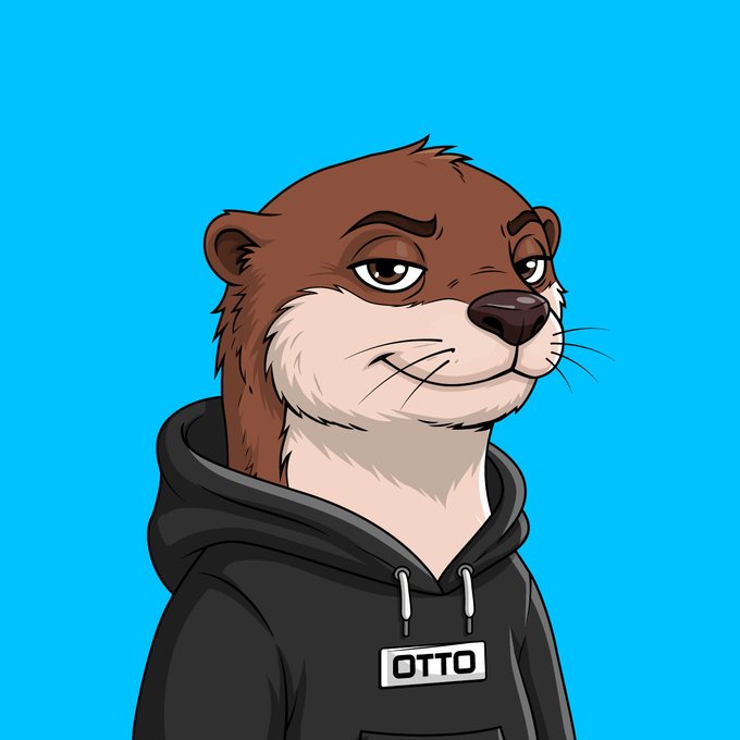 A cartoon NFT-style avatar of an otter wearing a black hoodie with a name tag that reads 'OTTO' against a bright blue background.