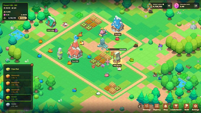 A screenshot of a colorful farming simulation game showing crop plots, buildings, and UI elements with 'Seed Wheel' and 'Tree Hut' labels.