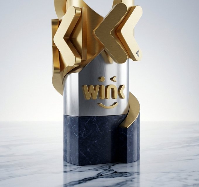 A stylized trophy featuring gold chevron arrows and a smiling face emblem with "wink" branding sits atop a silver and black marble pedestal, symbolizing the WIN token's role as the economic engine powering the WINkLink network's data delivery and node rewards system.
