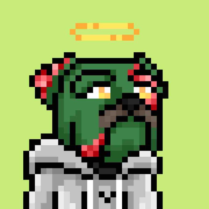 A pixel art illustration of a green-skinned character with red flowers in its hair, wearing a white shirt with a halo above its head on a green background.