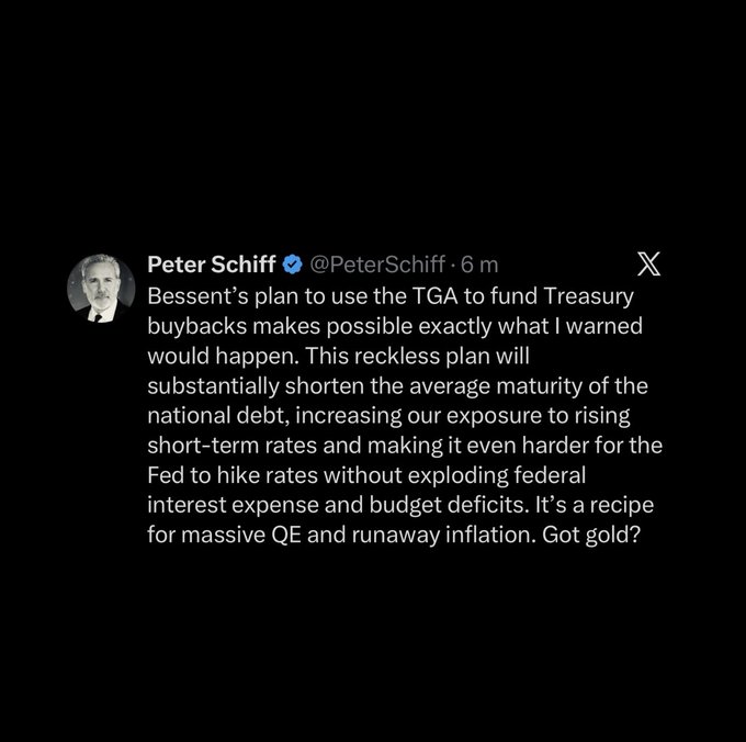 A screenshot of a tweet by Peter Schiff (@PeterSchiff) criticizing Bessent's plan to use the TGA to fund Treasury buybacks, warning of shorter debt maturity, rising rates, and runaway inflation, ending with 'Got gold?'