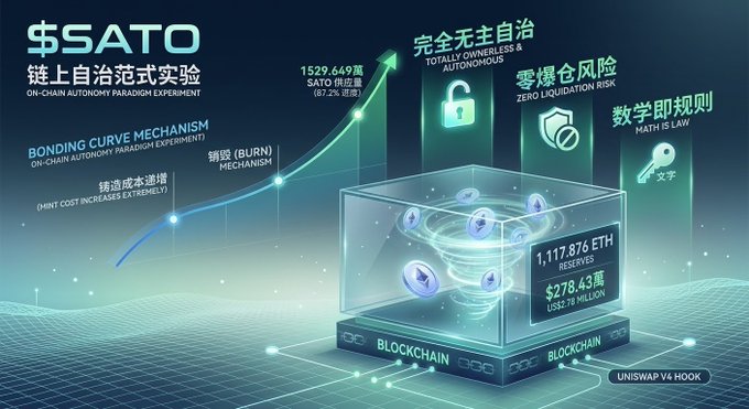 A promotional graphic for '$SATO' (On-Chain Autonomy Paradigm Experiment) showing a bonding curve mechanism, burning mechanism, 1529.649万 supply, reserves of 1,117.876 ETH ($278.43万), and noting zero liquidation risk with Uniswap V4 Hook.