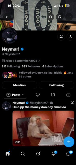 Twitter profile page for Neymar (@Neyishim7) showing 812 Following, 683 Followers, joined September 2025, with a post captioned 'Omo pp the money don dey small oo' featuring a GIF of a monkey typing on a laptop.
