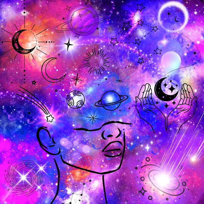 A vibrant purple and pink cosmic illustration featuring celestial elements including crescent moons, planets, stars, suns, and a line-drawn figure with raised hands in a dreamy galaxy background.