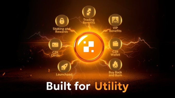 A glowing CZR coin at the center of a radiant circular diagram highlights the token's core utilities—Staking and Rewards, Trading Benefits, VIP Benefits, CZR Wallet, Launchpad, CZR Cards, and Buyback and Burn—with the bold tagline "Built for Utility" emphasizing the token's ecosystem-focused design.