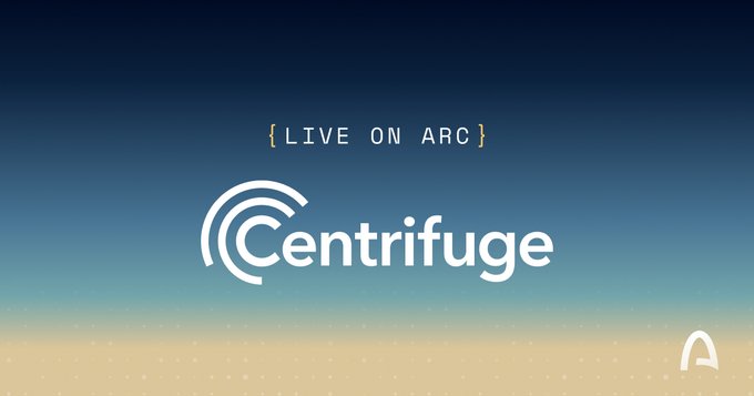 Image 10: A digital graphic with a blue to yellow gradient background displaying the text '{LIVE ON ARC}' above the logo for 'Centrifuge'.