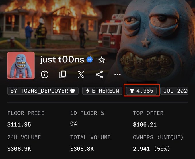 An NFT collection page for 'just t00ns' showing a blue cartoon character in front of a burning house, with 4,985 supply on Ethereum, floor price $111.95, and 24H volume $306.9K.