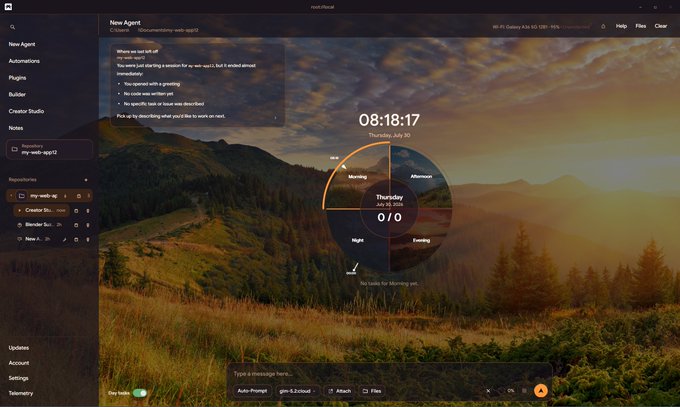 This image shows a developer's dashboard with a "New Agent" interface, a circular time widget, and file explorer, all presented with a scenic mountain backdrop. The interface displays notifications about an upcoming competition and references "root 1.0.1" and "$PALM" in the accompanying post.