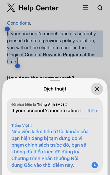 A mobile screenshot of X's Help Center, with a highlighted passage about account monetization being paused due to policy violations, alongside a Vietnamese translation pop-up.