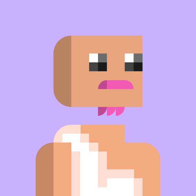 Pixel art illustration of a Minecraft villager character with an annoyed expression, featuring a large nose and white clothing on a light purple background.