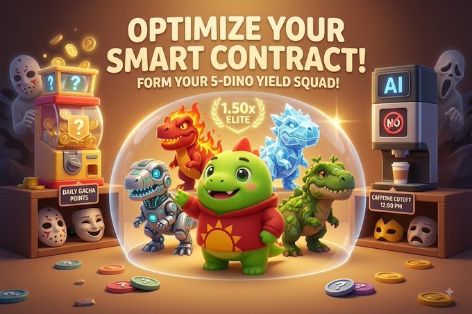 Colorful cartoon promotional graphic titled "OPTIMIZE YOUR SMART CONTRACT! FORM YOUR 5-DINO YIELD SQUAD!" featuring various dinosaur characters, gacha machines, AI coffee machines, and a "1.50x ELITE" badge.