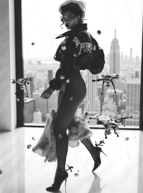 A black and white high-fashion editorial photo of a woman in a graphic leather jacket and skirt with drones flying around her against a city skyline backdrop.