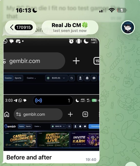 The image shows two before-and-after screenshots of a Gemblr casino account, displaying a balance increase from $105.01 to $242.76, alongside promotional banners for "Casino Challenges," "Evil Match Live," and "Invite & Earn." The "before and after" comparison visually supports the post's claim about a community member turning $105 into $242 on the platform.