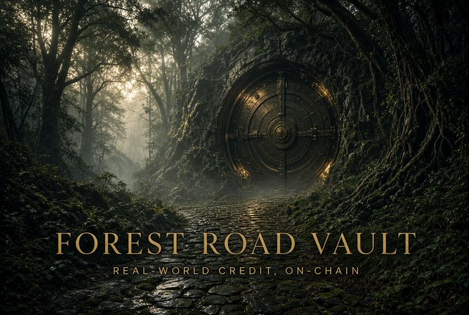 A fantasy-themed banner for 'FOREST ROAD VAULT' featuring a large circular metallic vault door embedded in a mossy, tree-covered hillside with a cobblestone path leading to it, and the subtitle 'REAL-WORLD CREDIT, ON-CHAIN'.